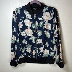 Nimi K navy satin floral light weight bomber jacket L